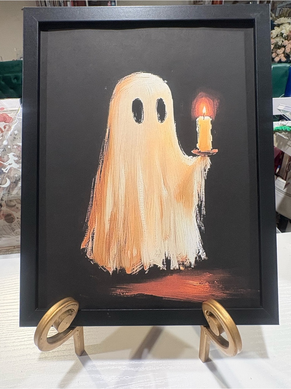 Framed Halloween Ghost Wall 8x10 Art Print in Cream and Black
